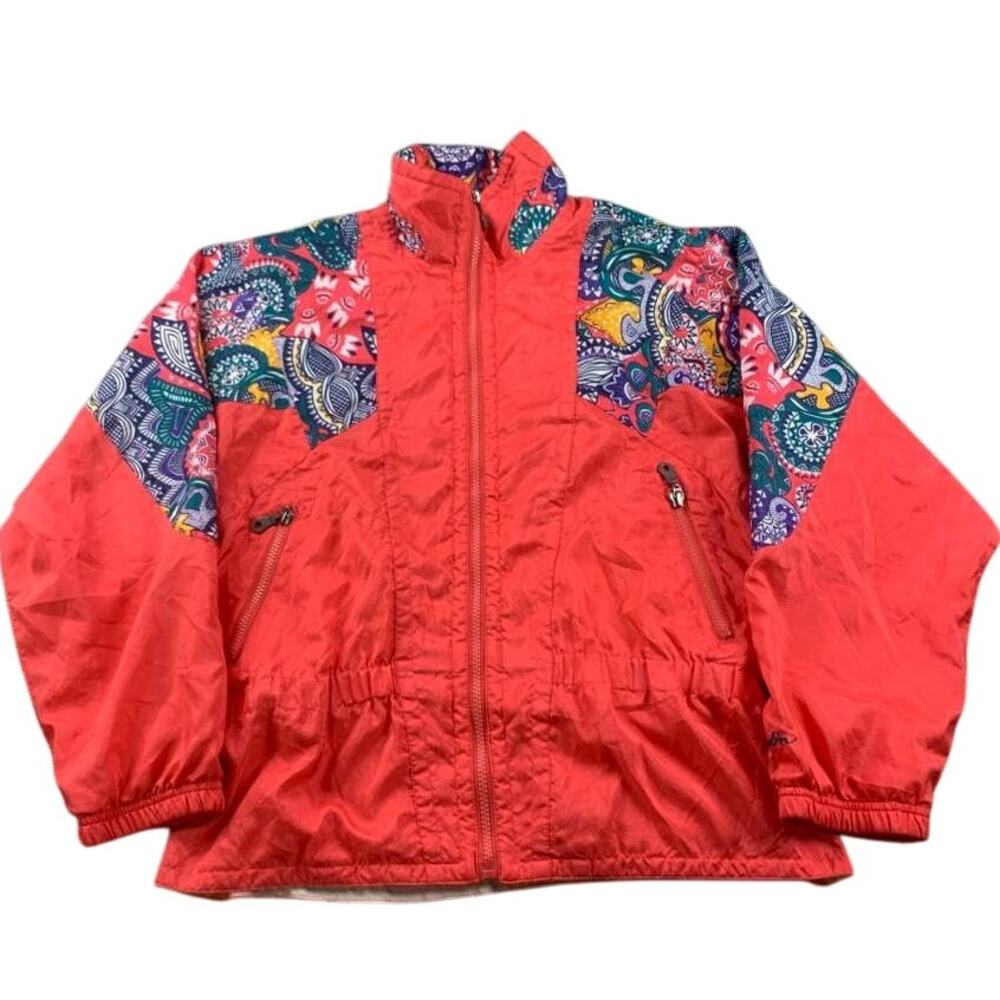 Vintage Kaelin Ski Jacket Women M Red Paisley Print Zip Up Cuffs 90's Y2K